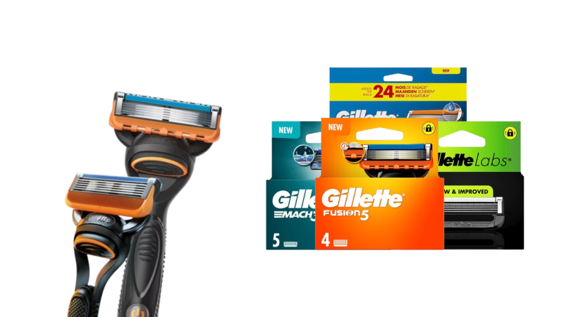Afbeelding met links Gillette houders en rechts een combinatie van meerdere Gillette scheermesjes verpakkingen
